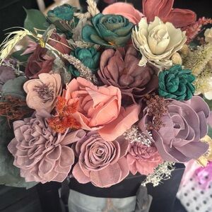 Vibrant wood Floral Bouquet in Pink and Green